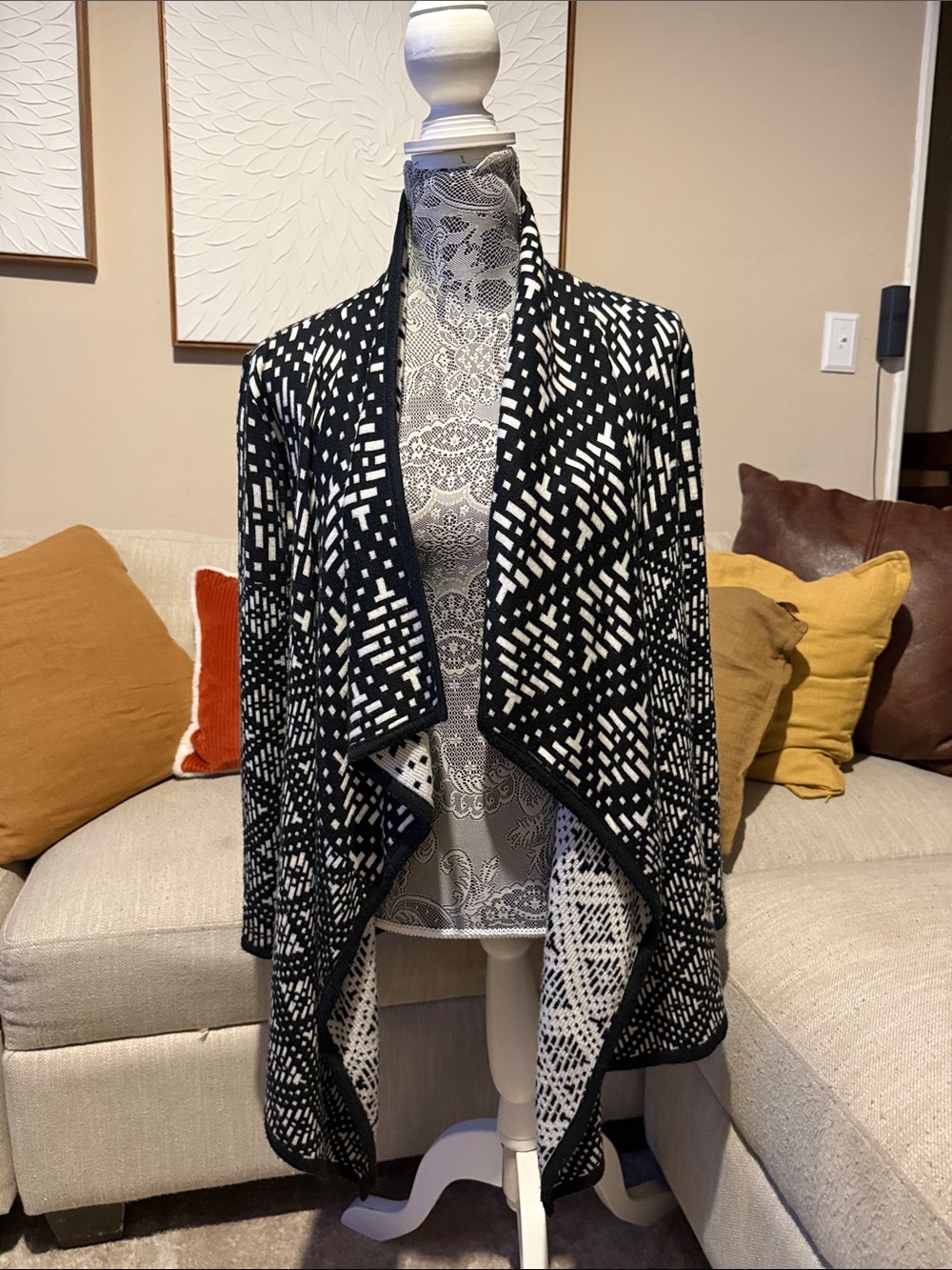 Bar III Black and White Open-Front Draped Cardigan